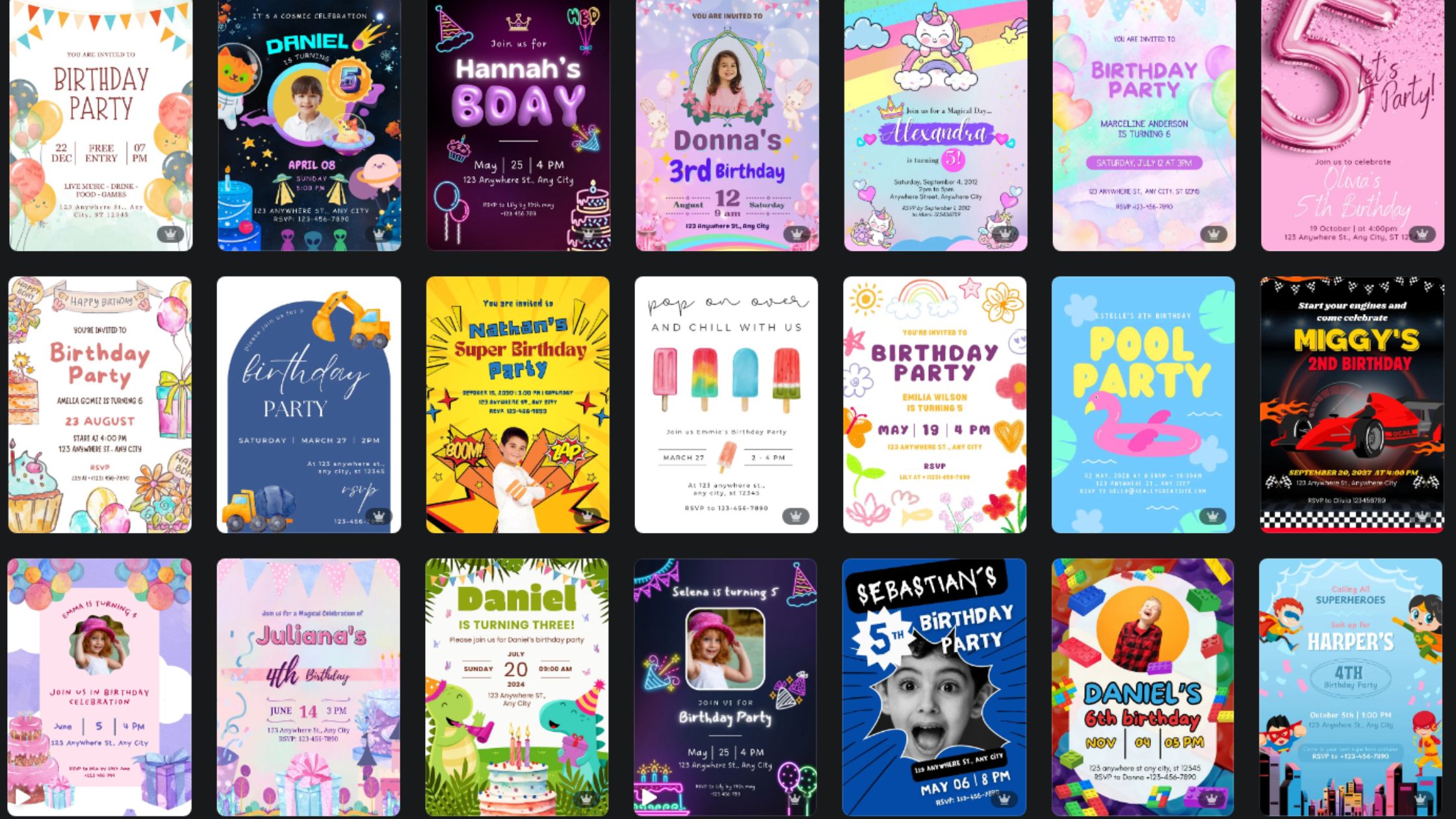 Screenshot showing Canva's template selection interface with various party invitation designs displayed in a grid format