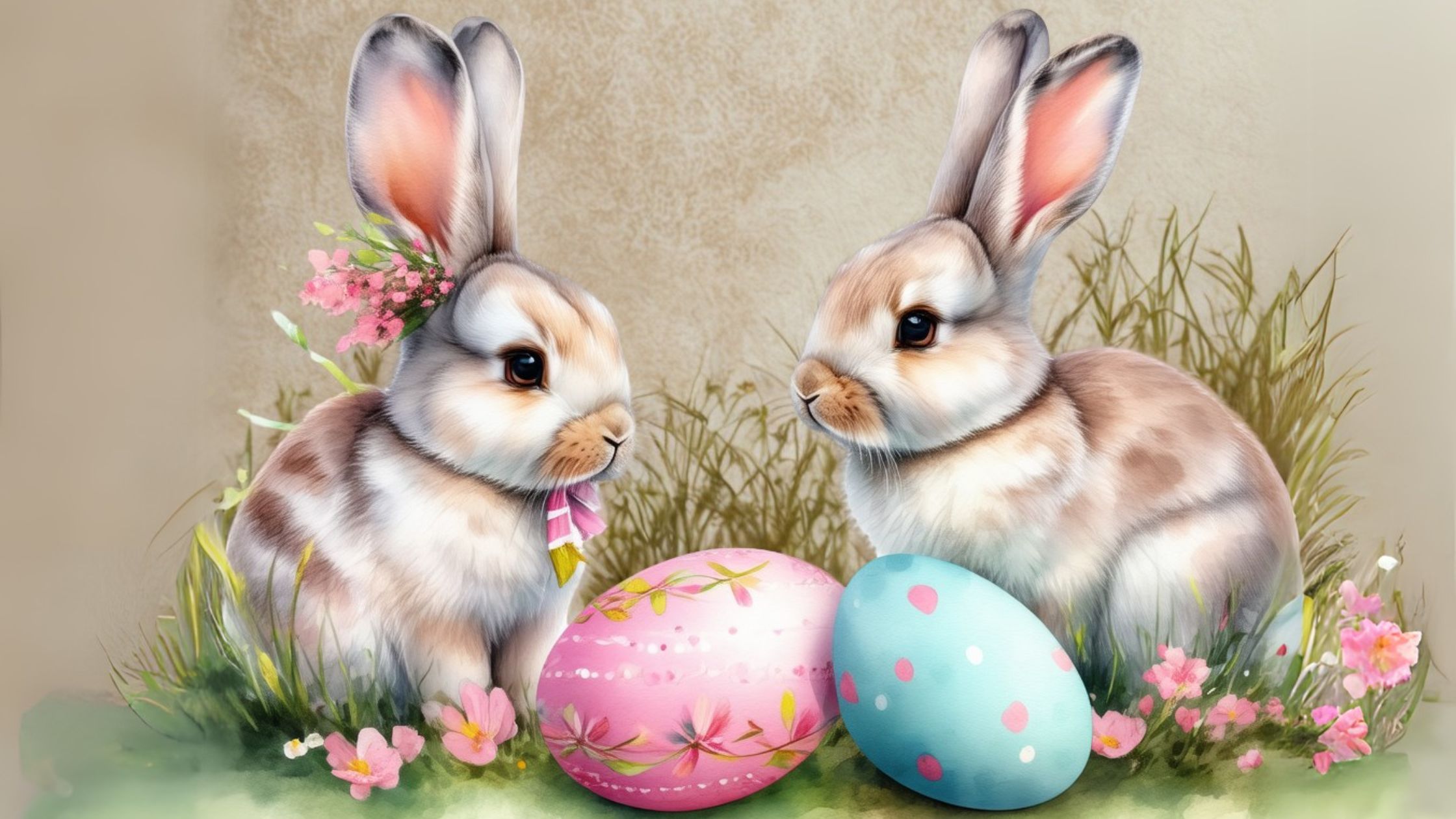 Easter watercolor clipart with whimsical bunnies and colorful eggs