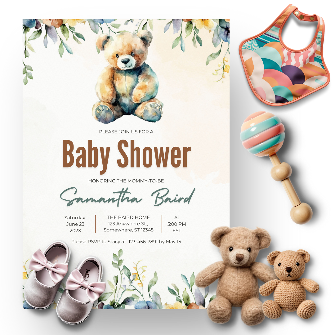 Woodland-themed baby shower printables with cute animals and pastel colors