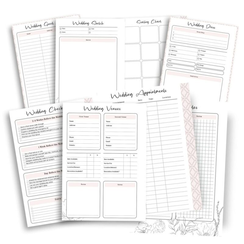 12 printable wedding planner templates printed on A5 paper