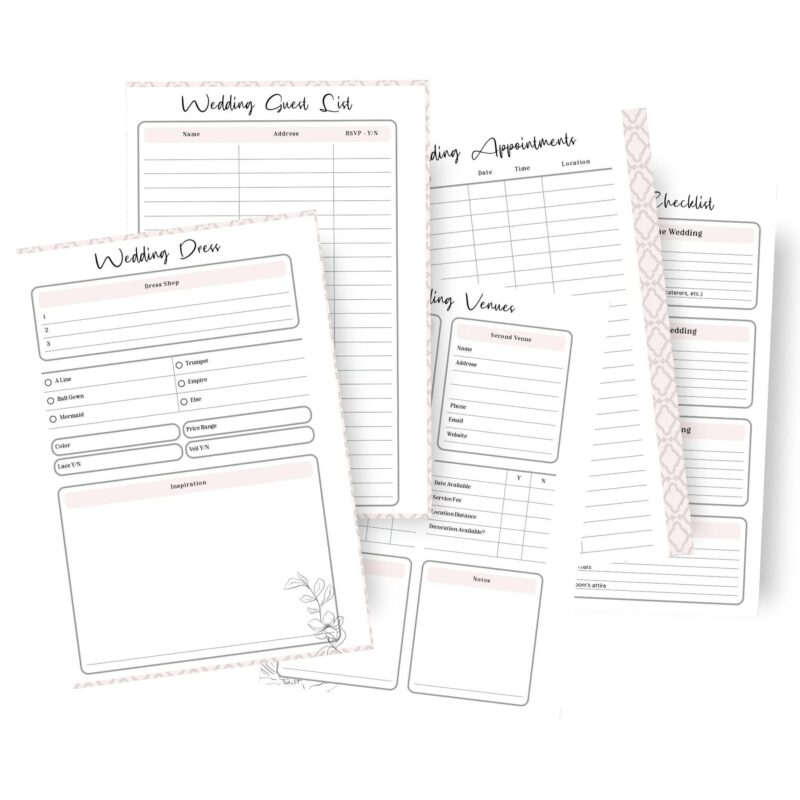 12 printable wedding planner templates printed on A5 paper