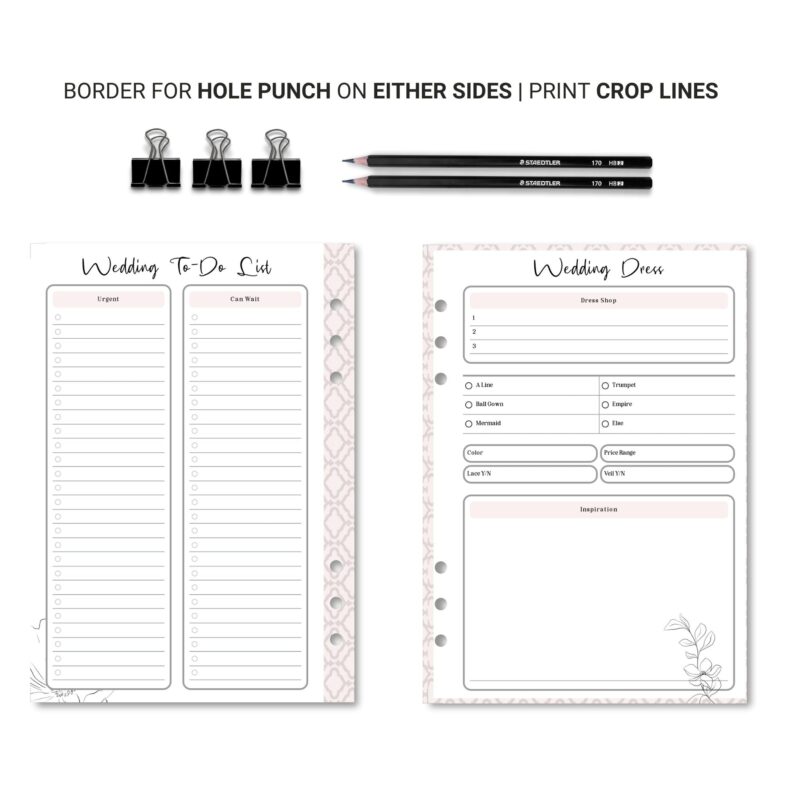 12 printable wedding planner templates printed on A5 paper