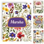 Close-up of wildflower notebook covers with personalized name