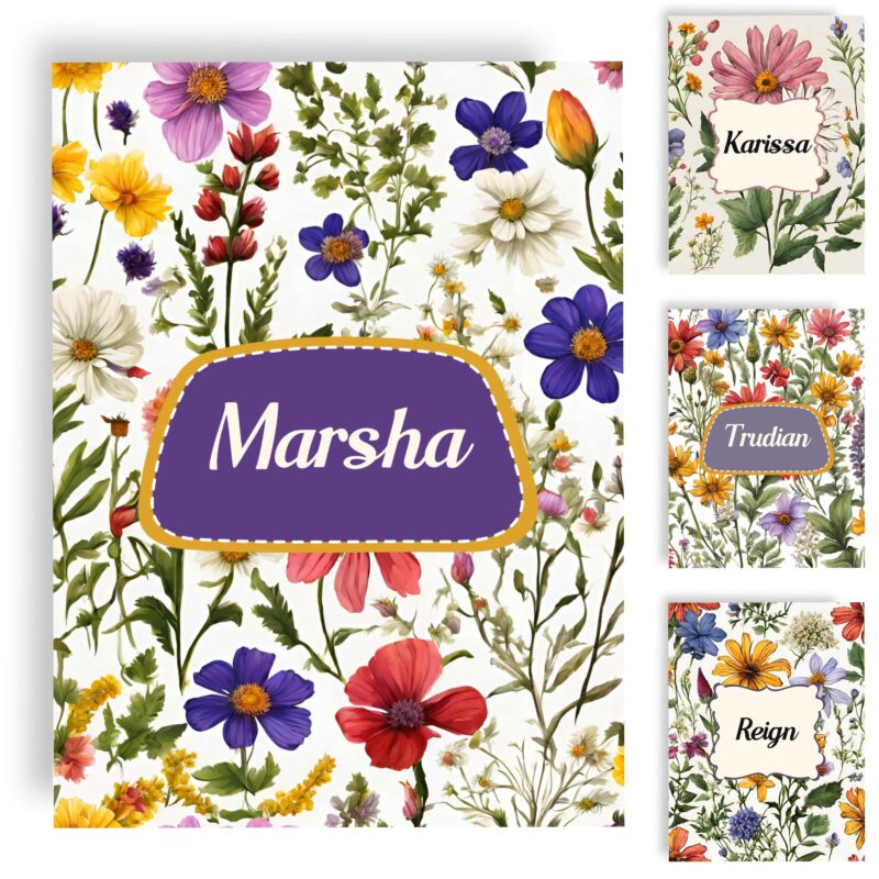 Close-up of wildflower notebook covers with personalized name