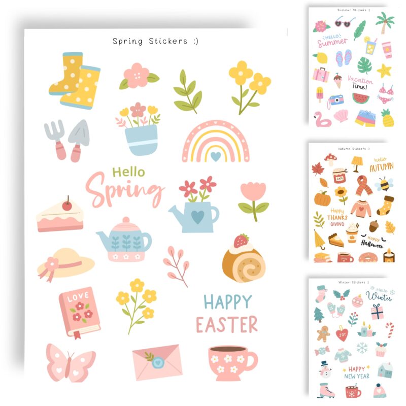 Printable seasonal sticker sheets for planners with spring, summer, fall and winter designs