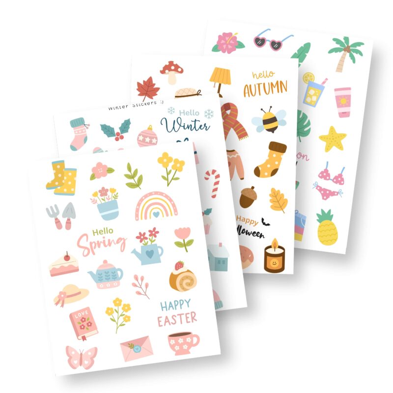 Printable seasonal sticker sheets for planners with spring, summer, fall and winter designs