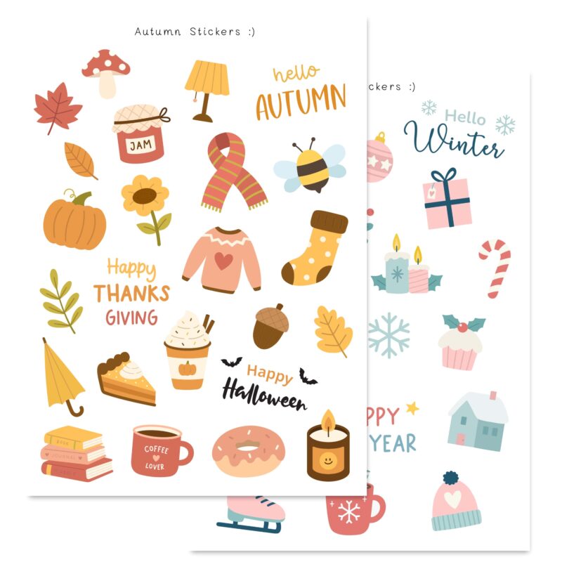 Printable seasonal sticker sheets for planners with spring, summer, fall and winter designs