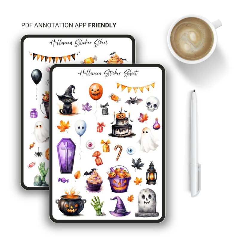 Printable Halloween sticker sheet with 60 spooky designs for planners and journals
