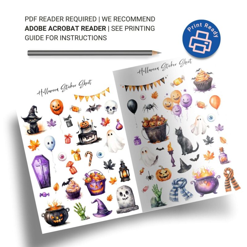 Printable Halloween sticker sheet with 60 spooky designs for planners and journals