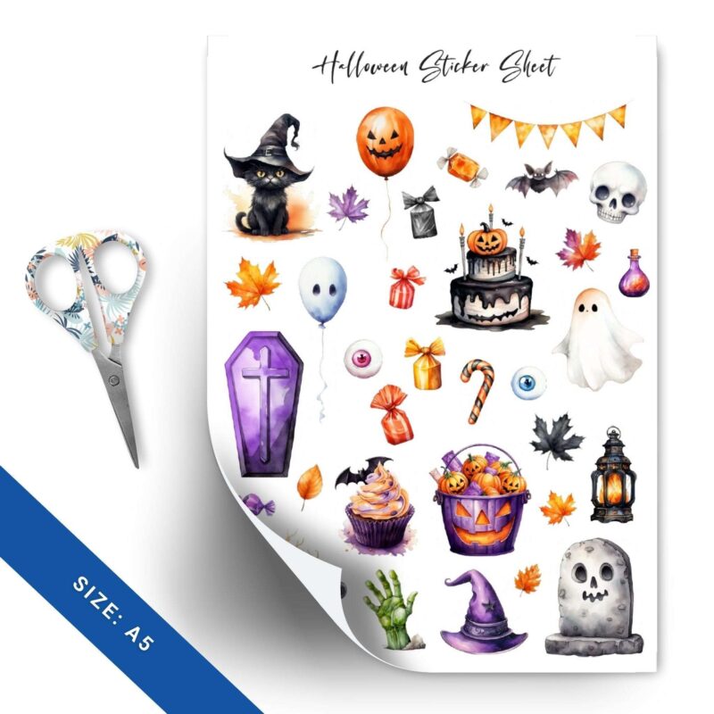 Printable Halloween sticker sheet with 60 spooky designs for planners and journals