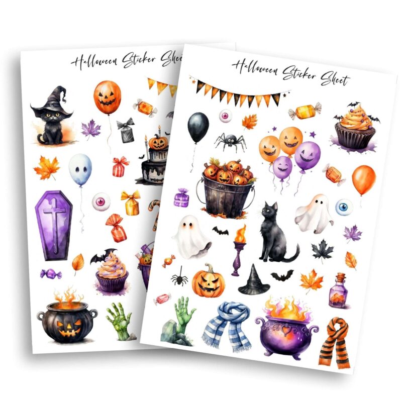 Printable Halloween sticker sheet with 60 spooky designs for planners and journals
