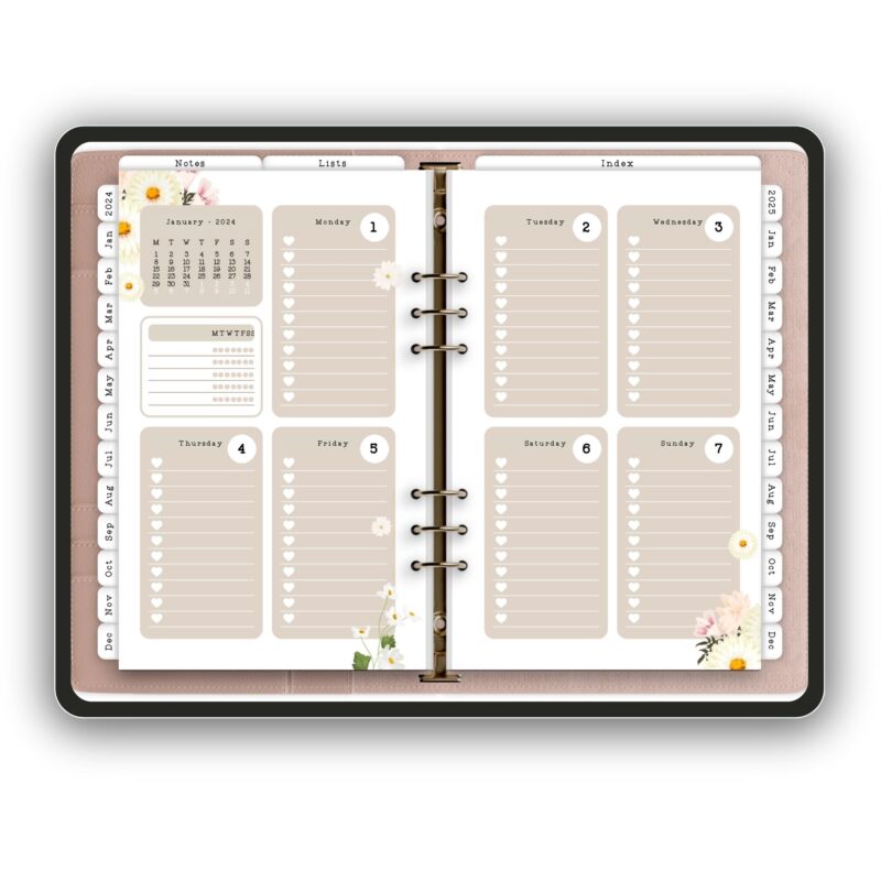 2024-2025 digital planner with meadow design featuring hyperlinked pages and floral elements