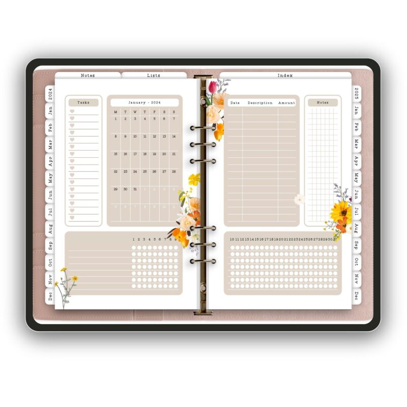 2024-2025 digital planner with meadow design featuring hyperlinked pages and floral elements
