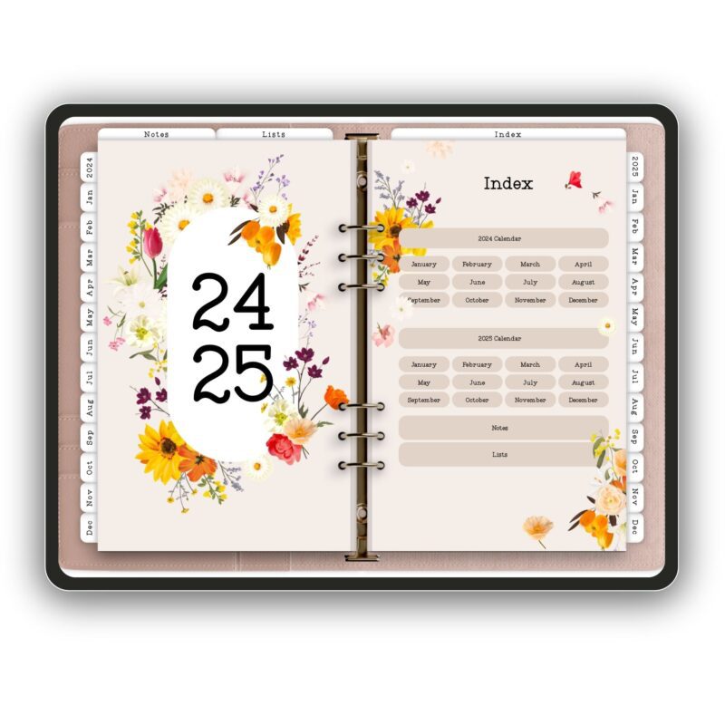 2024-2025 digital planner with meadow design featuring hyperlinked pages and floral elements