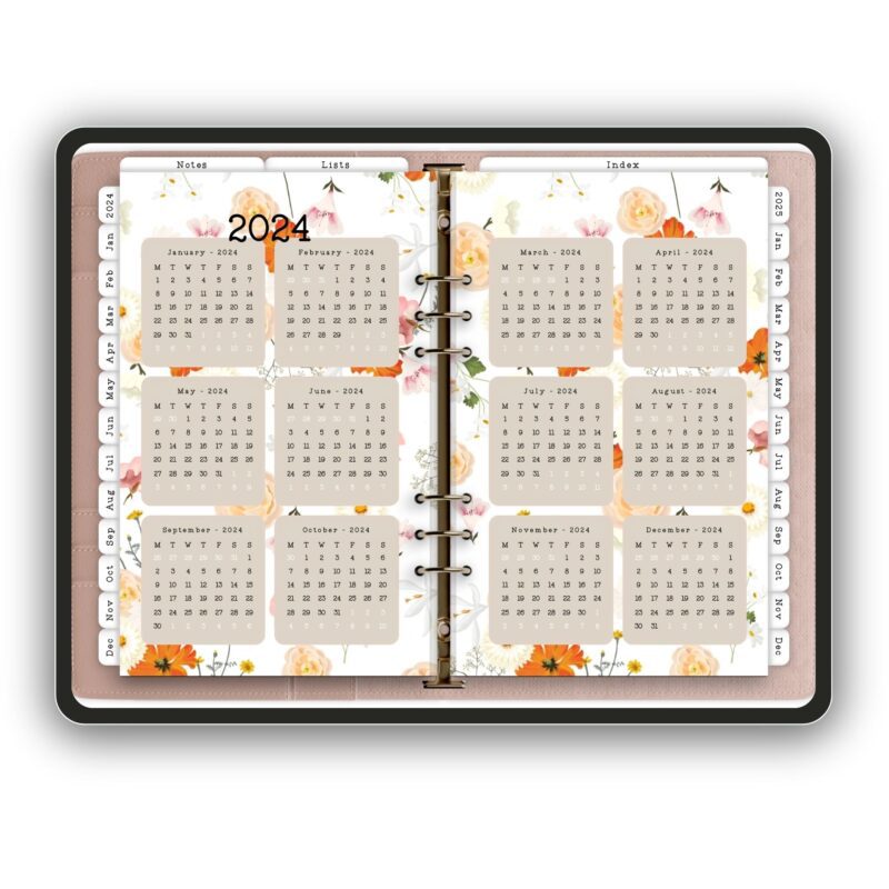 2024-2025 digital planner with meadow design featuring hyperlinked pages and floral elements