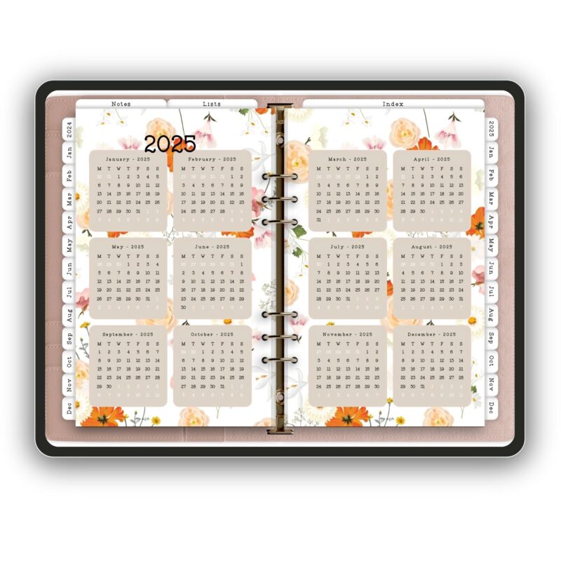 2024-2025 digital planner with meadow design featuring hyperlinked pages and floral elements