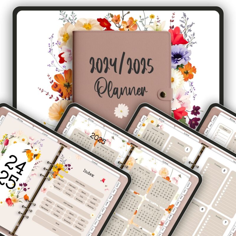 2024-2025 digital planner with meadow design featuring hyperlinked pages and floral elements