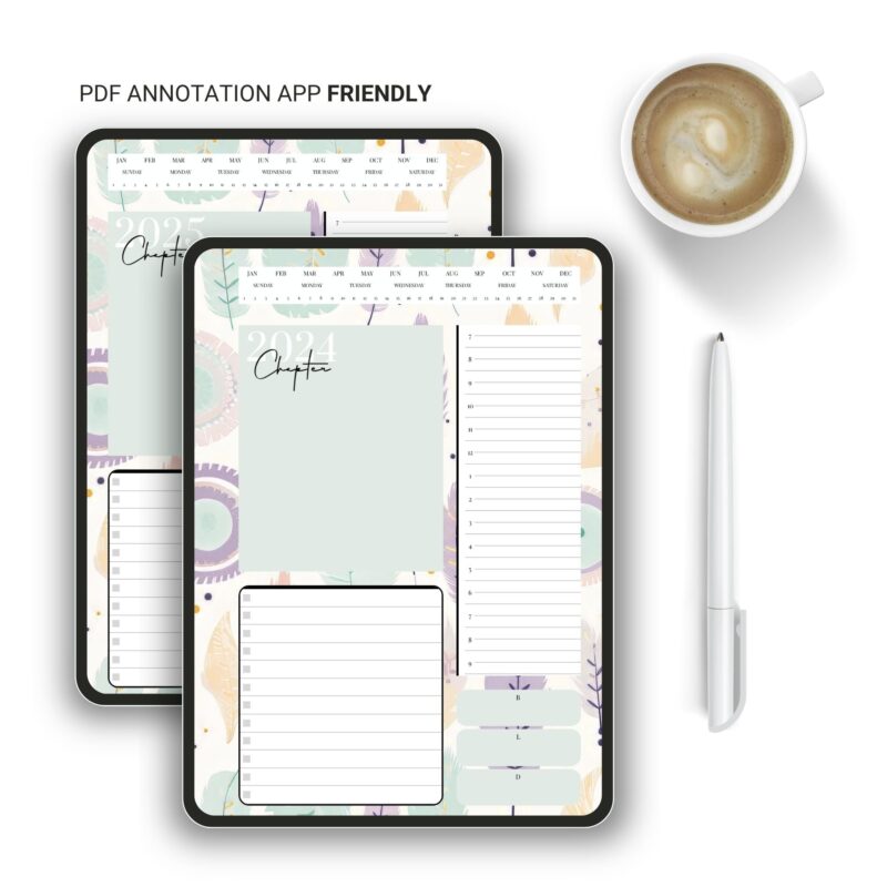 Printable daily planner in soft pastel colors showing daily layout with sections for tasks, appointments, and notes - undated 2024-2025 PDF download