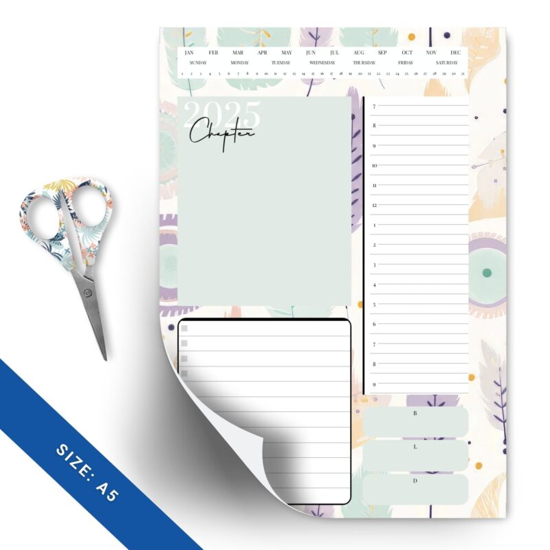 Printable daily planner in soft pastel colors showing daily layout with sections for tasks, appointments, and notes - undated 2024-2025 PDF download