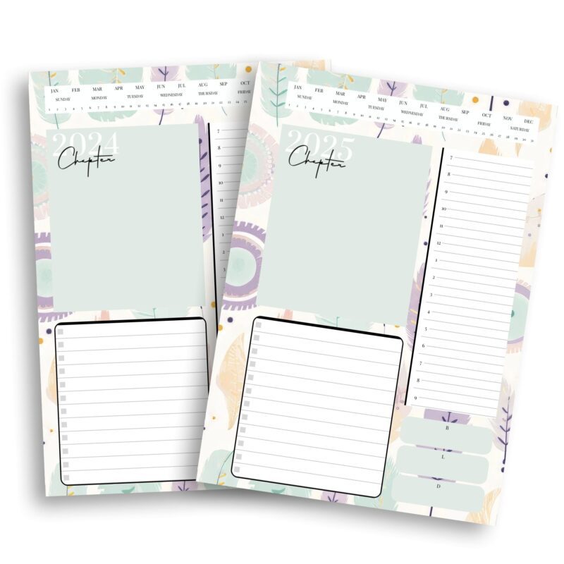 Printable daily planner in soft pastel colors showing daily layout with sections for tasks, appointments, and notes - undated 2024-2025 PDF download
