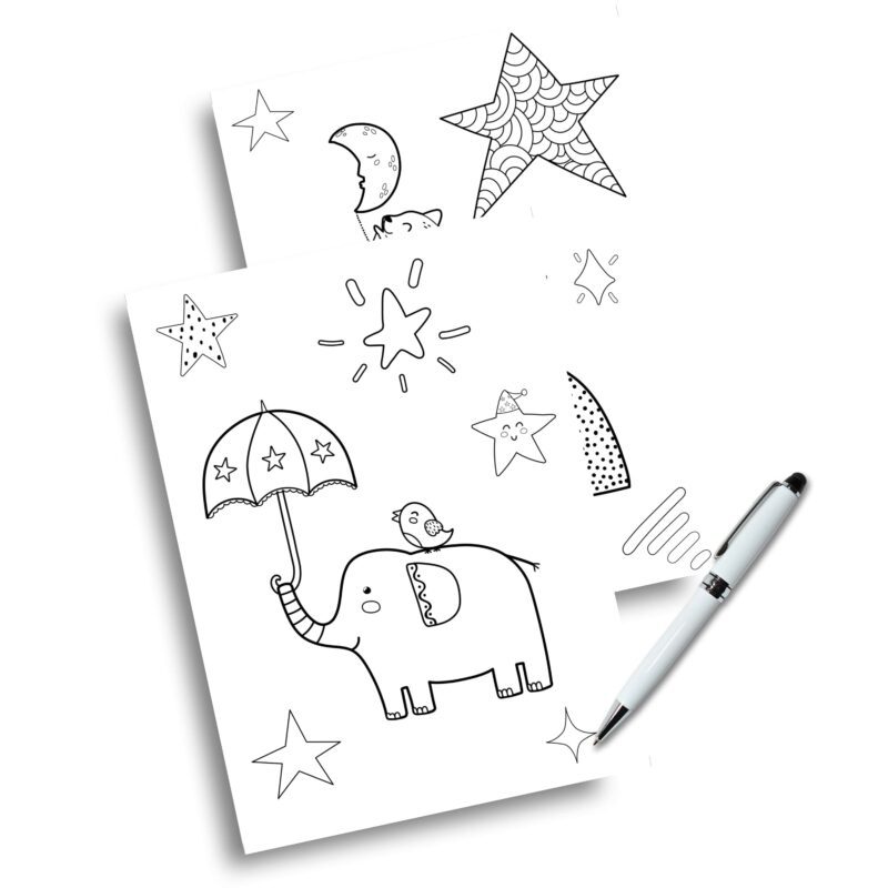 Multiple printed pages from the animals coloring book ready for coloring fun