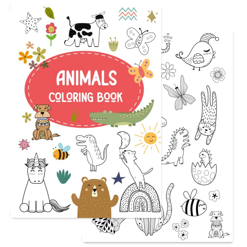 Multiple printed pages from the animals coloring book ready for coloring fun
