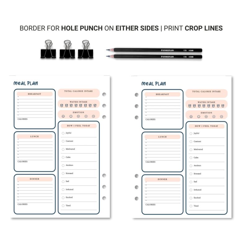 A6 size meal planning printable with mood tracking feature