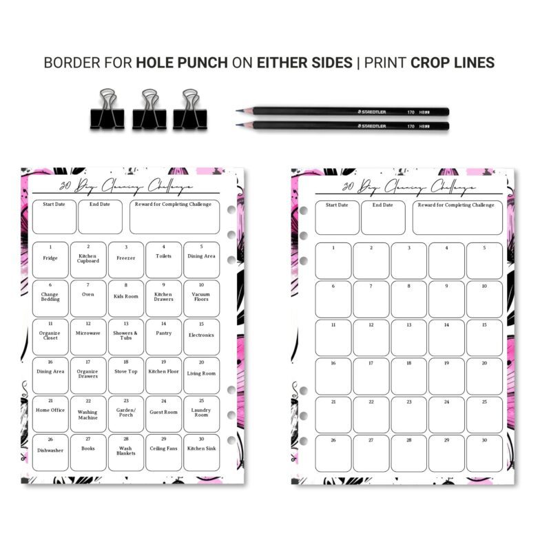 Pink floral 30 day cleaning challenge printable download