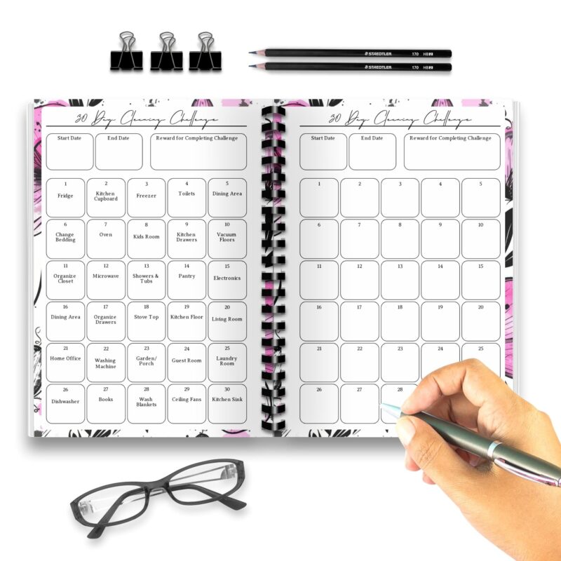 Pink floral 30 day cleaning challenge printable download