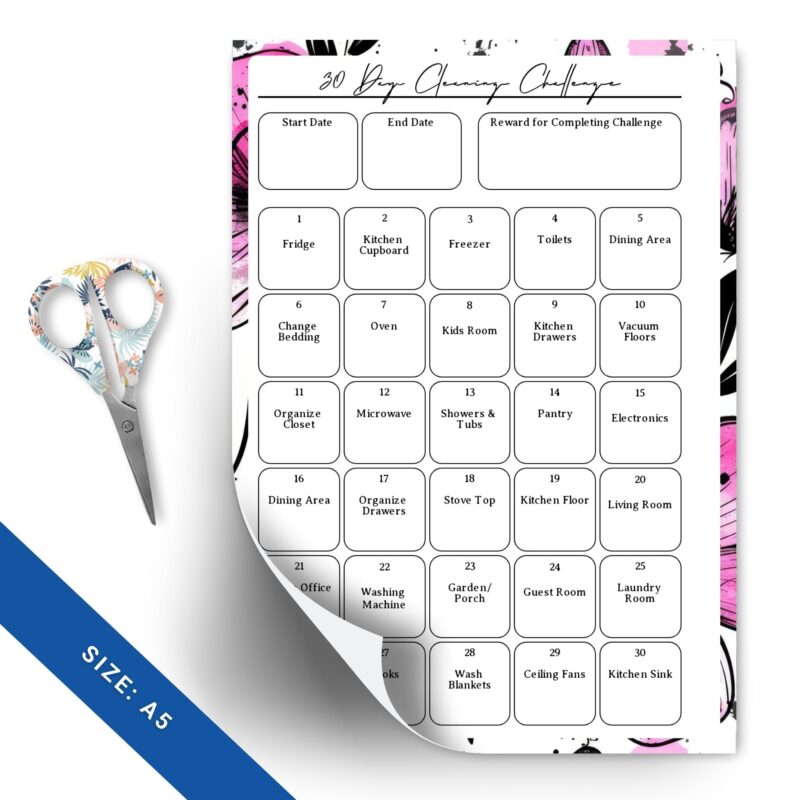 Pink floral 30 day cleaning challenge printable download