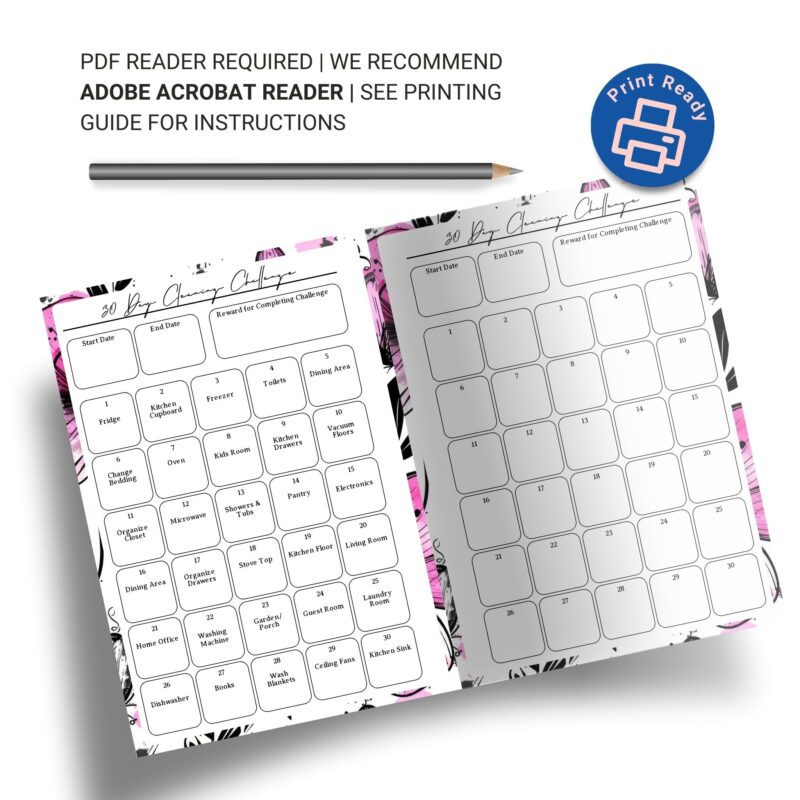Pink floral 30 day cleaning challenge printable download