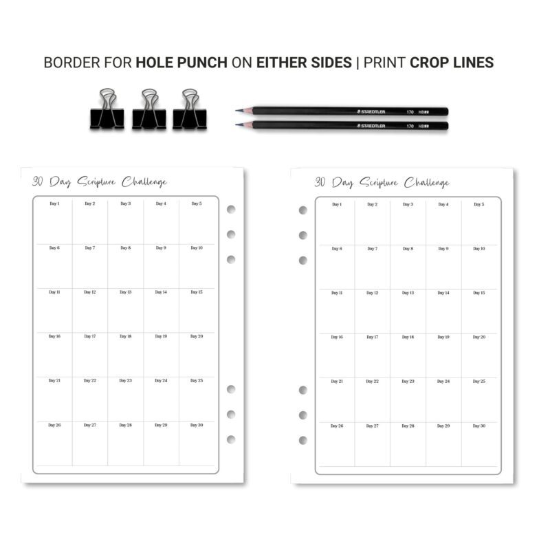30-Day Bible Scripture Challenge tracking pages with minimalist design