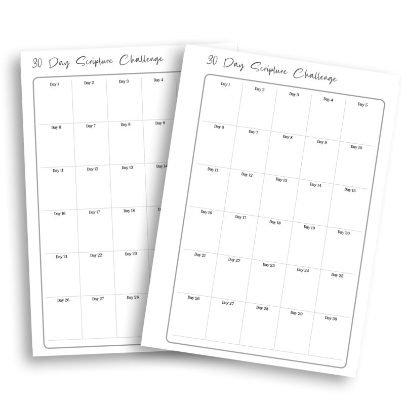 30-Day Bible Scripture Challenge tracking pages with minimalist design
