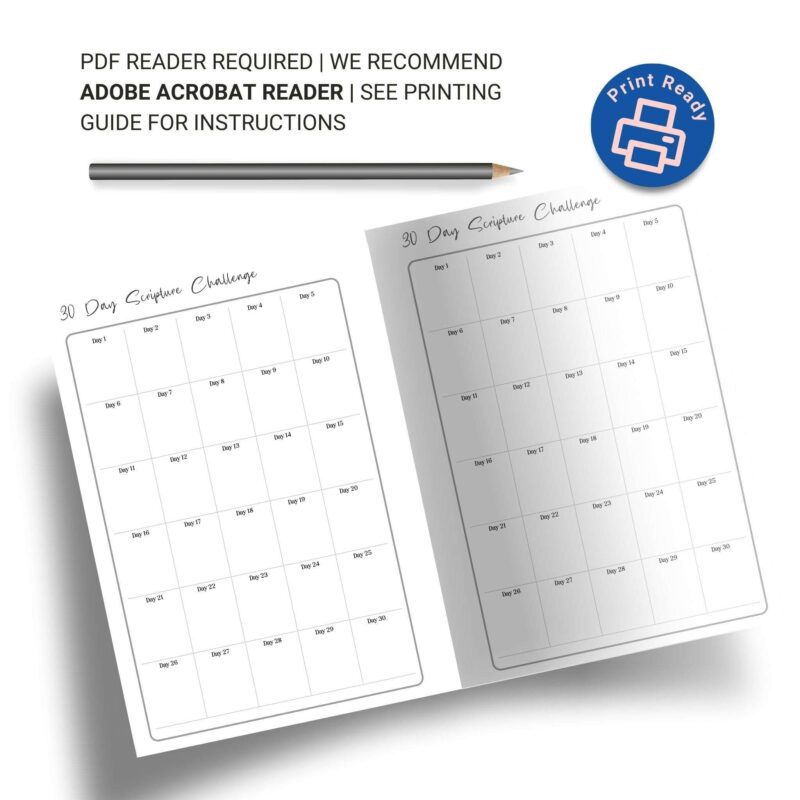 30-Day Bible Scripture Challenge tracking pages with minimalist design