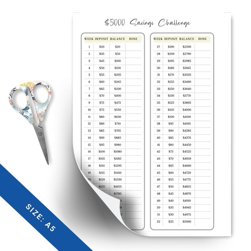 Minimalist $5000 savings challenge tracker printable