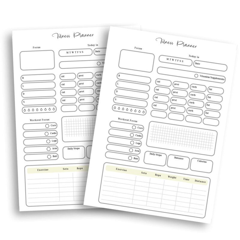 Printable fitness planner tracking cardio and strength workouts