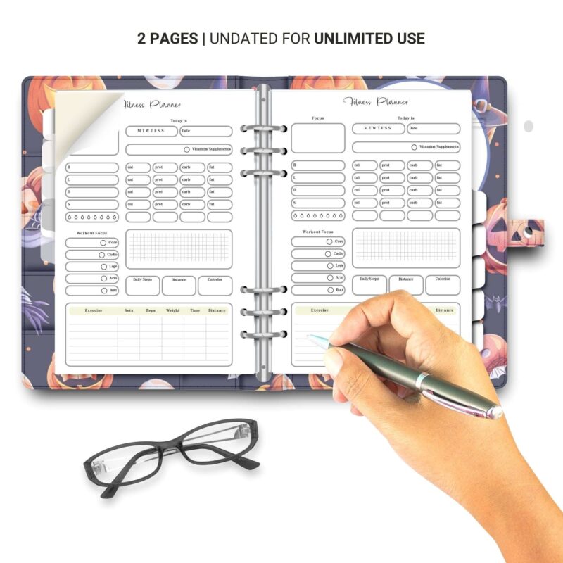 A5 workout planner with progress charts and water intake log