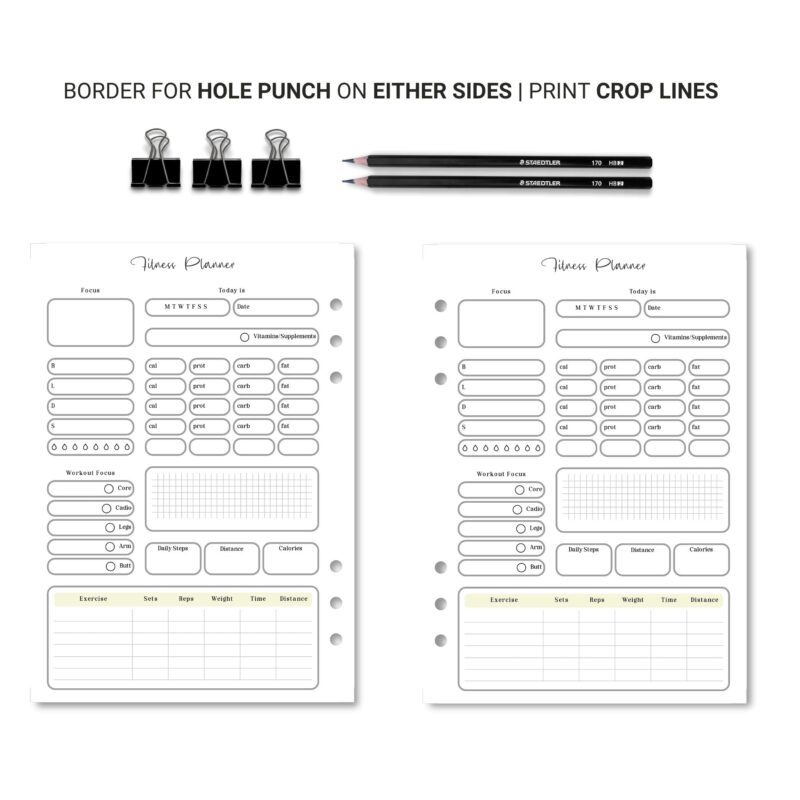 A5 workout planner with progress charts and water intake log