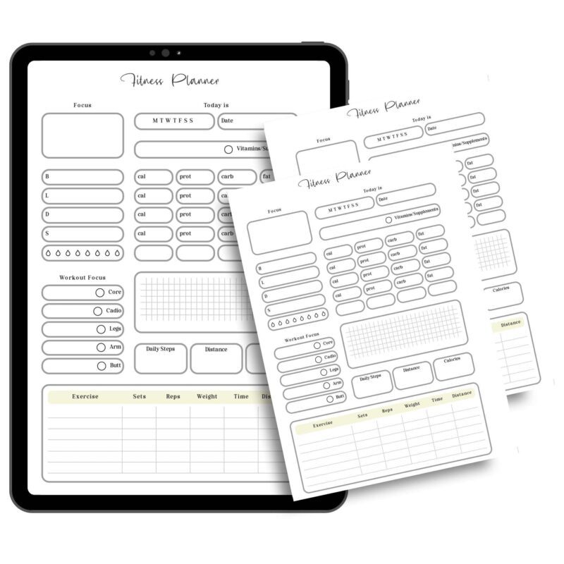 A5 workout planner with progress charts and water intake log