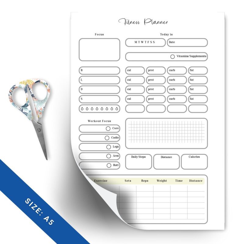Printable fitness planner tracking cardio and strength workouts