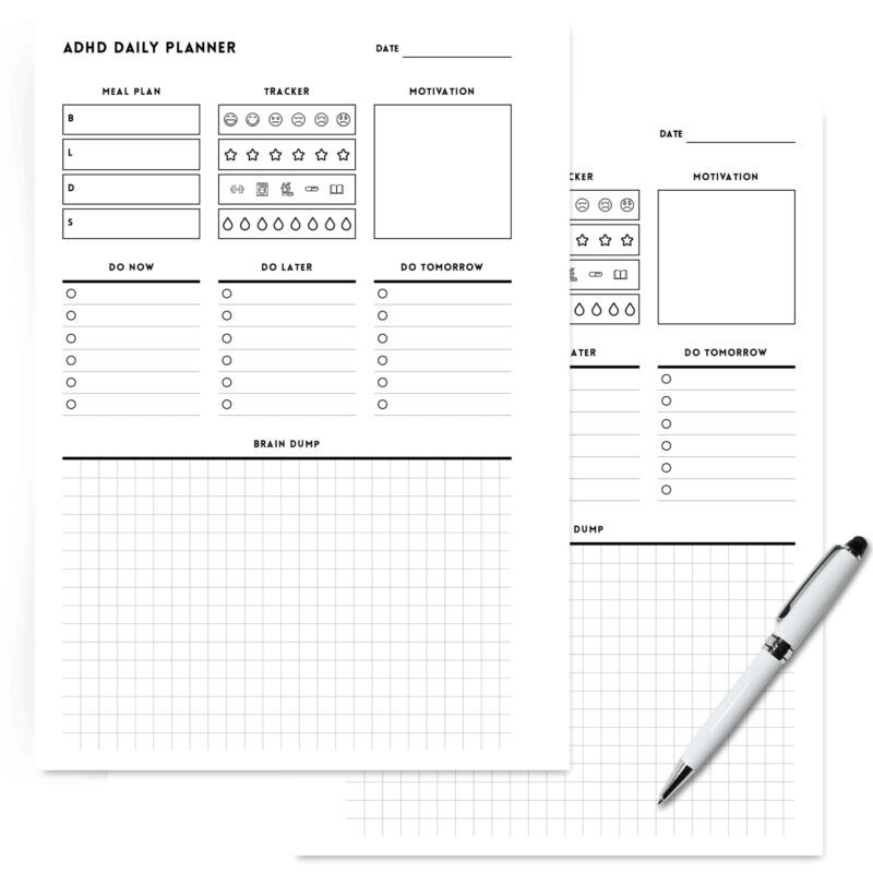 Close-up of ADHD daily planner’s time-blocking section