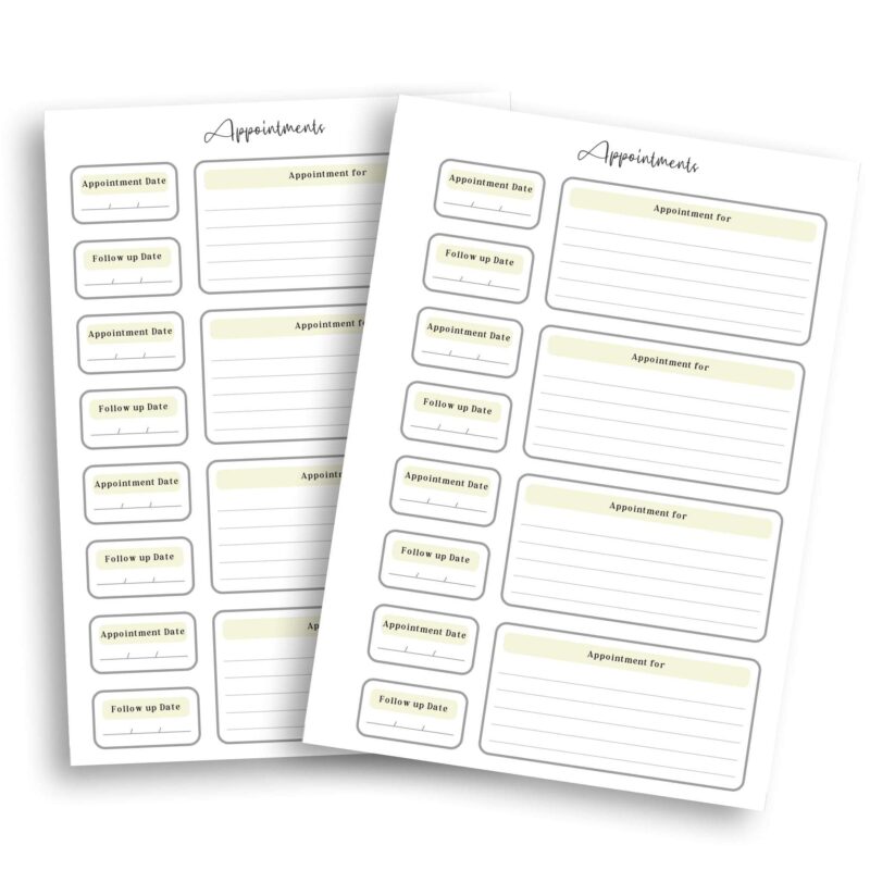 Printable appointment planner spread with clean layout