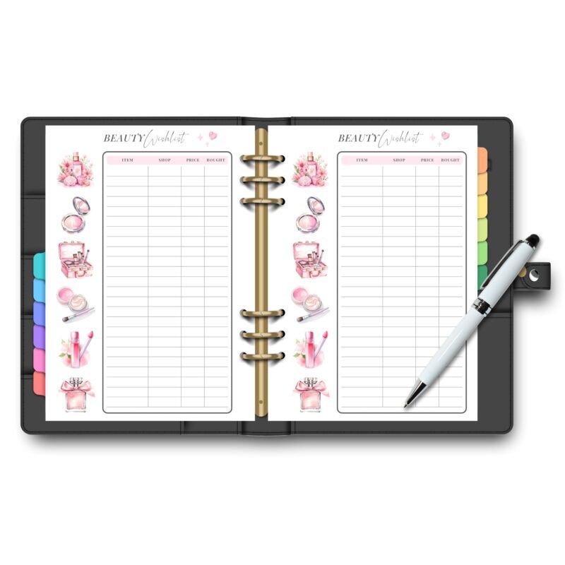 A5 beauty planner with product and budget tracking