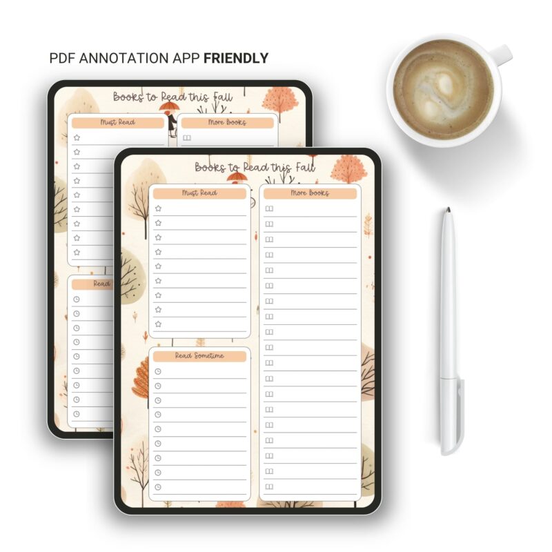 Fall reading planner printable showing book list template