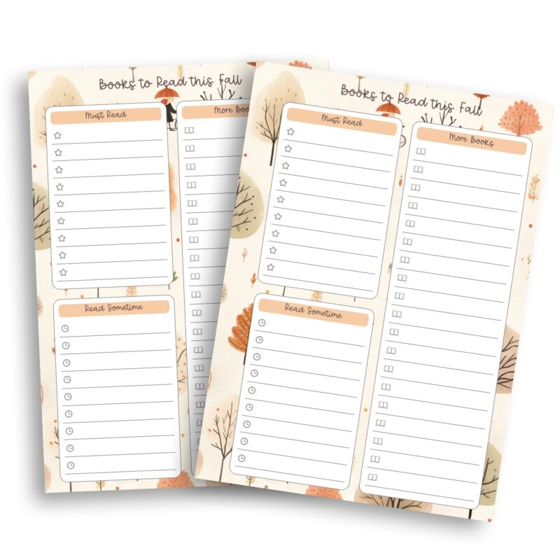 Printable book planner pages showing reading tracker layout