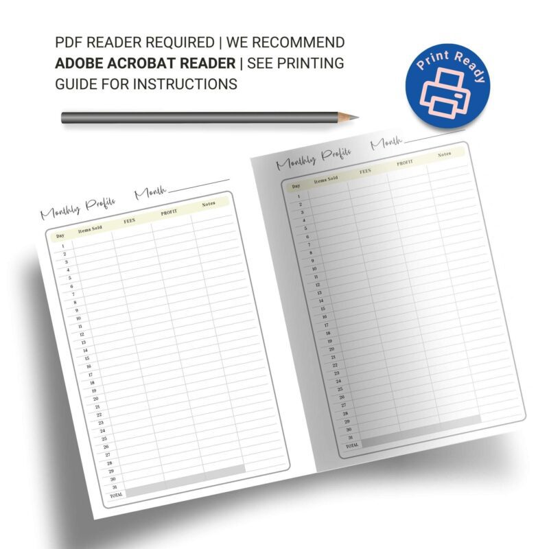 Business Monthly Profits Planner Insert A5 showing profit tracking