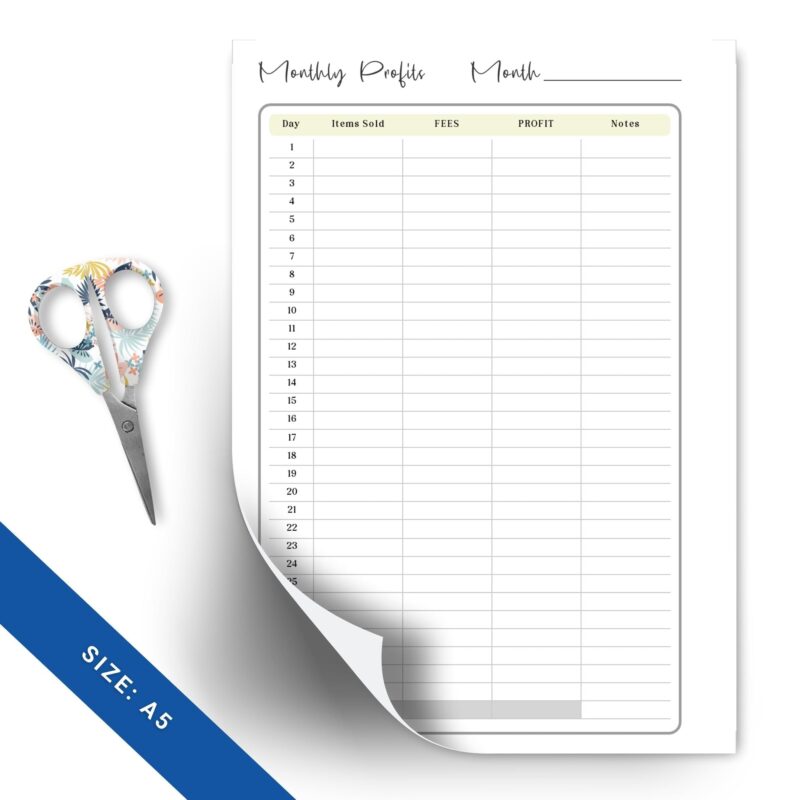 Business Monthly Profits Planner Insert A5 for tracking income
