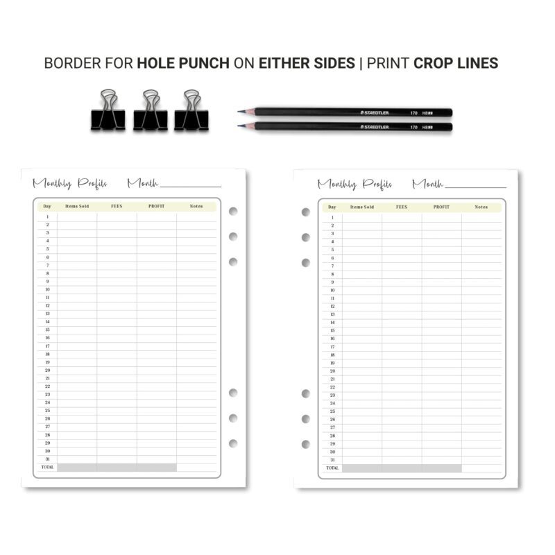 Printable Business Monthly Profits Planner Insert A5 on a desk