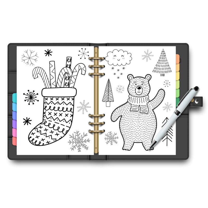 Spread of various pages from the Christmas Coloring Book.