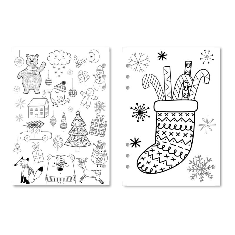 Spread of various pages from the Christmas Coloring Book.